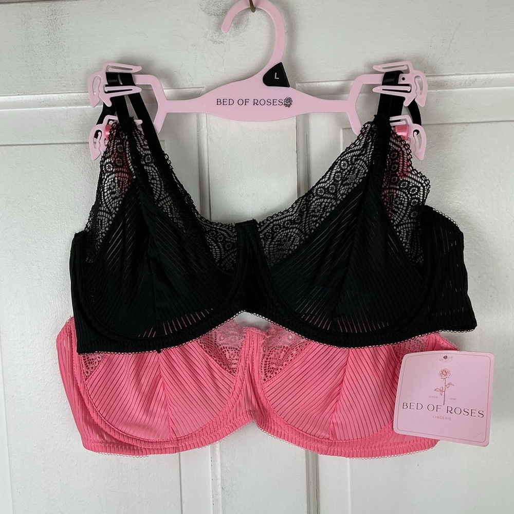 Bed of Roses Unlined Sheer Bra Pink Black Lace Set of 2 bras Large